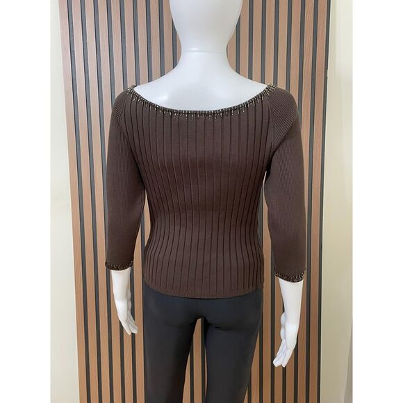 Cache Women's M Brown Blouse Silk Top Beaded Y2k Boho Scoop Neck Vintage - Picture 2 of 9